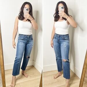 R13 Straight Boy Cropped Distressed Jeans in Durham Blue Wash Size 28